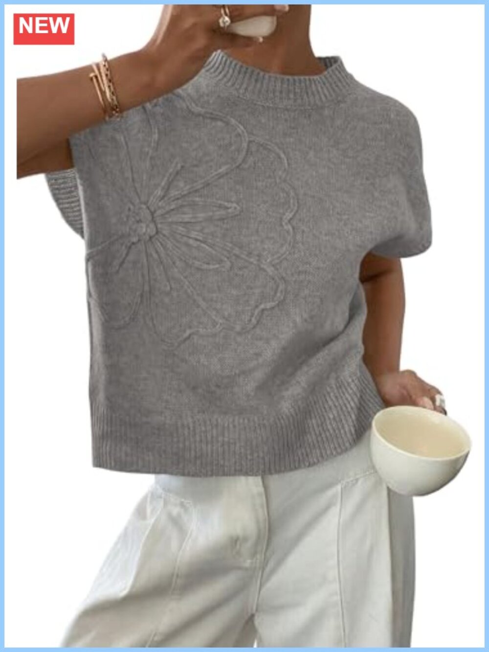 Women's Knit Sweater Vest - Short Cap Sleeve Crew Neck 3D Floral Embellished